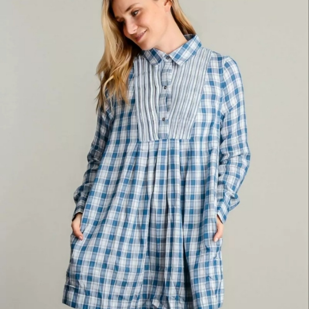 Blue Plaid Shirt Dress with Pockets
